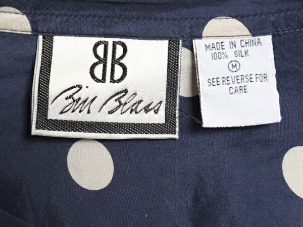 高級 100% シルク 80s 90s BILL BLASS ドット 総柄 長袖 シャツ レディース M オールド ヴィンテージ ブラウス ドレスシャツ 水玉 ツートン