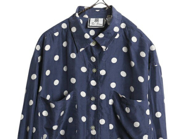 高級 100% シルク 80s 90s BILL BLASS ドット 総柄 長袖 シャツ レディース M オールド ヴィンテージ ブラウス ドレスシャツ 水玉 ツートン