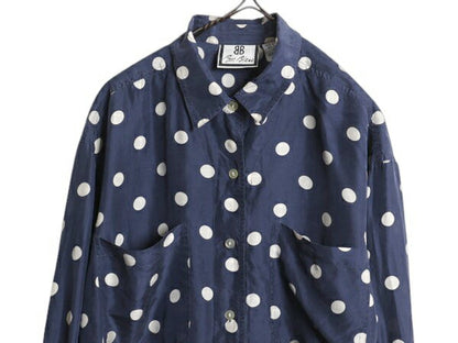 高級 100% シルク 80s 90s BILL BLASS ドット 総柄 長袖 シャツ レディース M オールド ヴィンテージ ブラウス ドレスシャツ 水玉 ツートン