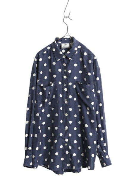 高級 100% シルク 80s 90s BILL BLASS ドット 総柄 長袖 シャツ レディース M オールド ヴィンテージ ブラウス ドレスシャツ 水玉 ツートン