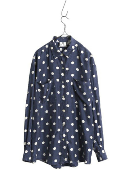 高級 100% シルク 80s 90s BILL BLASS ドット 総柄 長袖 シャツ レディース M オールド ヴィンテージ ブラウス ドレスシャツ 水玉 ツートン