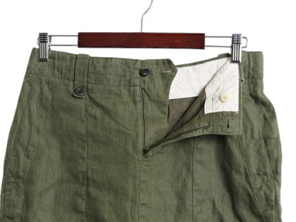 J CREW 100% リネン スカート レディース M 程 無地 ひざ丈 ひざ上丈 ミニスカート ヘリンボーン ヴィンテージ イギリス軍 アーミー カーキ