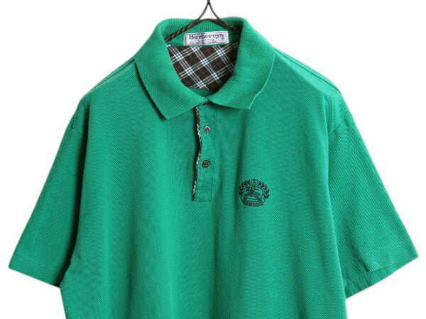 90s イギリス製 バーバリー 鹿の子 半袖 ポロシャツ メンズ XL 旧タグ オールド BURBERRYS 半袖シャツ ノバチェック ボックス コットン 緑