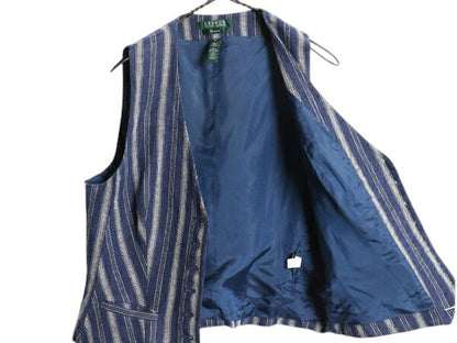 00s 100% リネン LAUREN ラルフローレン テーラド ベスト レディース M 程/ オールド ヘリンボーン ストライプ ジレ 重ね着 前開き 柄織り