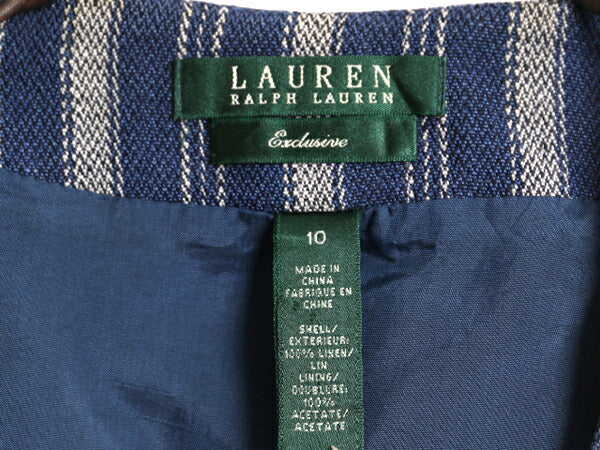 00s 100% リネン LAUREN ラルフローレン テーラド ベスト レディース M 程/ オールド ヘリンボーン ストライプ ジレ 重ね着 前開き 柄織り