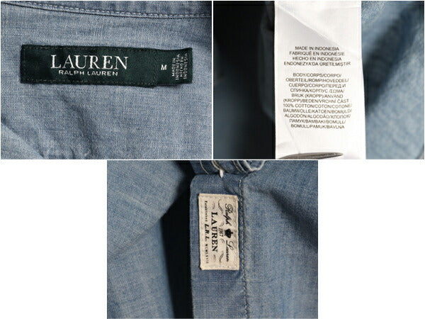 LAUREN ラルフローレン 長袖 シャンブレー シャツ レディース M 古着 100% コットン 長袖シャツ ワーク ヴィンテージ モデル マチ付き 無地