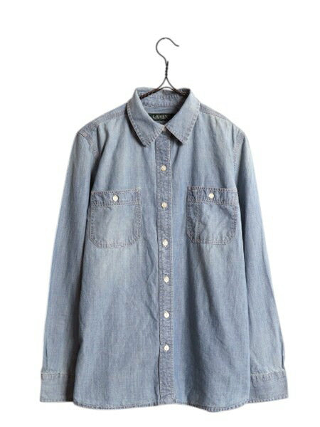 LAUREN ラルフローレン 長袖 シャンブレー シャツ レディース M 古着 100% コットン 長袖シャツ ワーク ヴィンテージ モデル マチ付き 無地