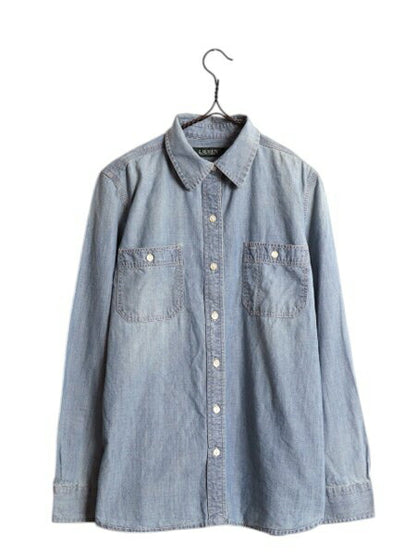 LAUREN ラルフローレン 長袖 シャンブレー シャツ レディース M 古着 100% コットン 長袖シャツ ワーク ヴィンテージ モデル マチ付き 無地