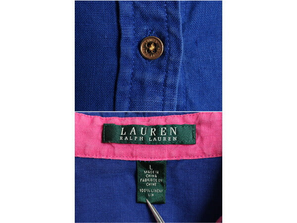 00s 100% リネン LAUREN ラルフローレン 長袖 シャツ レディース L オールド ポロ 高級 ブラウス 無地 麻 薄手 袖 ロールアップ カジュアル