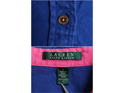 00s 100% リネン LAUREN ラルフローレン 長袖 シャツ レディース L オールド ポロ 高級 ブラウス 無地 麻 薄手 袖 ロールアップ カジュアル