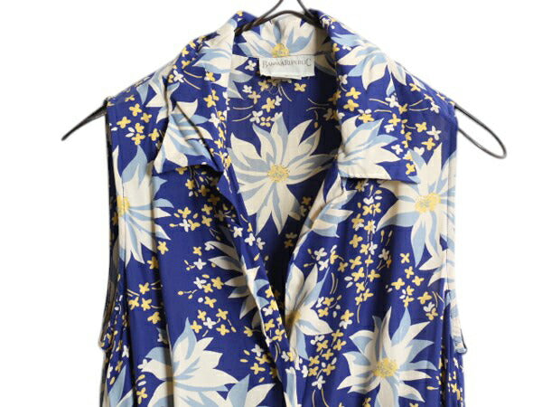 90s バナナリパブリック 100% レーヨン 花柄 ワンピース レディース XS 程 古着 オールド ひざ丈 ノースリーブ 前開き 総柄 ドレス ブルー