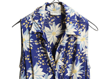 90s バナナリパブリック 100% レーヨン 花柄 ワンピース レディース XS 程 古着 オールド ひざ丈 ノースリーブ 前開き 総柄 ドレス ブルー