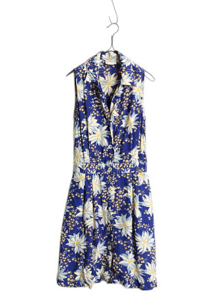 90s バナナリパブリック 100% レーヨン 花柄 ワンピース レディース XS 程 古着 オールド ひざ丈 ノースリーブ 前開き 総柄 ドレス ブルー