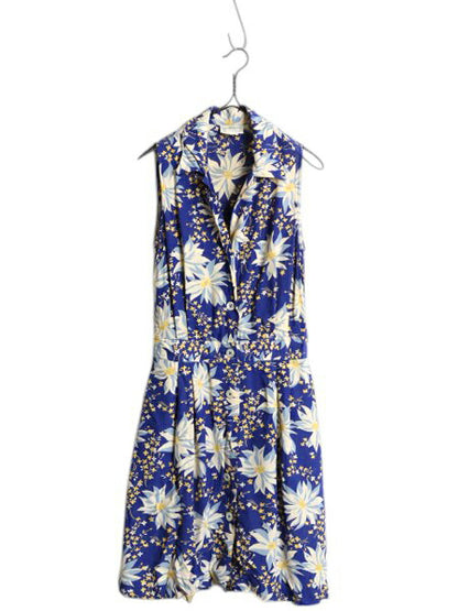 90s バナナリパブリック 100% レーヨン 花柄 ワンピース レディース XS 程 古着 オールド ひざ丈 ノースリーブ 前開き 総柄 ドレス ブルー