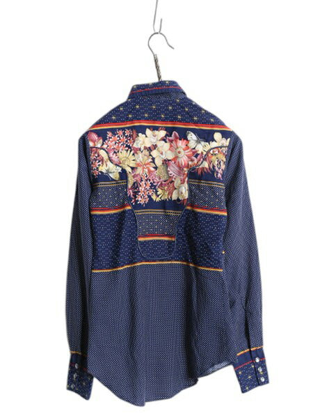 70s USA製 エイチバーシー 長袖 ウエスタン シャツ レディース XS 程 ヴィンテージ 細身 長袖シャツ ドット ボタニカル しわになりにくい
