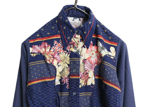 70s USA製 エイチバーシー 長袖 ウエスタン シャツ レディース XS 程 ヴィンテージ 細身 長袖シャツ ドット ボタニカル しわになりにくい