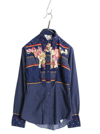 70s USA製 エイチバーシー 長袖 ウエスタン シャツ レディース XS 程 ヴィンテージ 細身 長袖シャツ ドット ボタニカル しわになりにくい