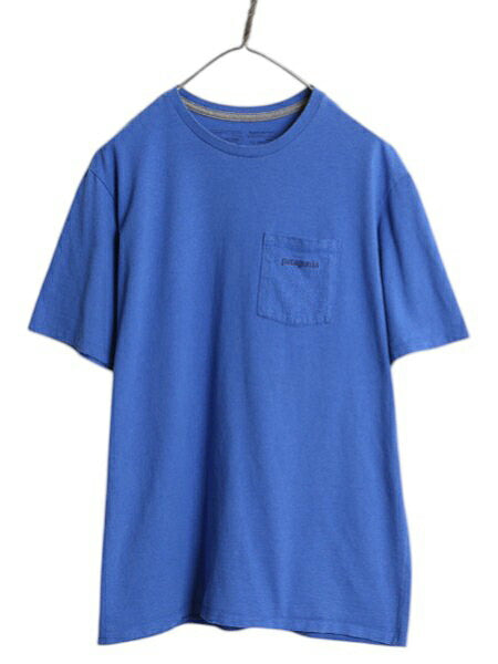 パタゴニア ポケット付き 両面 プリント 半袖 Tシャツ メンズ М アウトドア ポケT グラフィック アート バックプリント カットソー ブルー