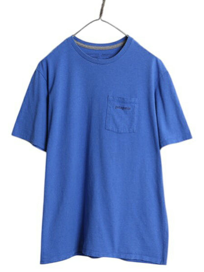 パタゴニア ポケット付き 両面 プリント 半袖 Tシャツ メンズ М アウトドア ポケT グラフィック アート バックプリント カットソー ブルー