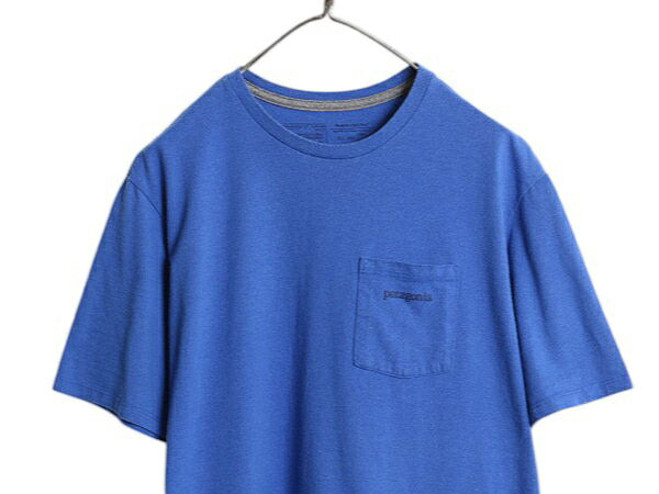 パタゴニア ポケット付き 両面 プリント 半袖 Tシャツ メンズ М アウトドア ポケT グラフィック アート バックプリント カットソー ブルー