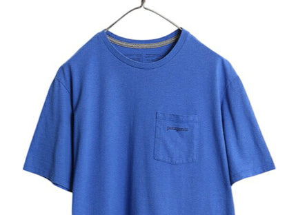 パタゴニア ポケット付き 両面 プリント 半袖 Tシャツ メンズ М アウトドア ポケT グラフィック アート バックプリント カットソー ブルー