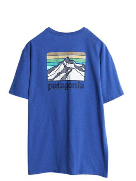 パタゴニア ポケット付き 両面 プリント 半袖 Tシャツ メンズ М アウトドア ポケT グラフィック アート バックプリント カットソー ブルー