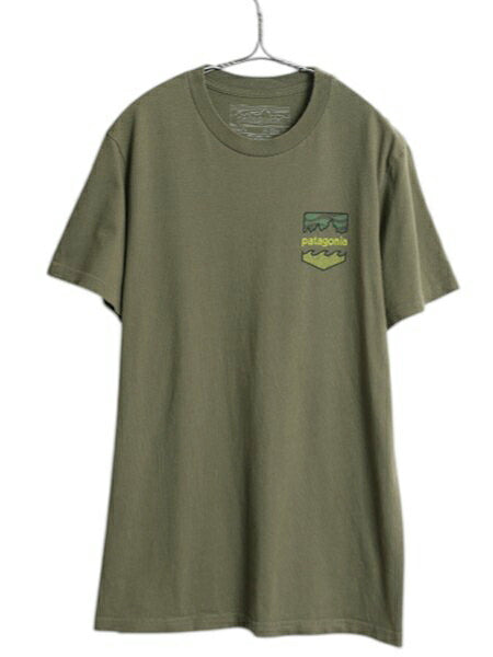 USA製 パタゴニア 両面 プリント 半袖 Tシャツ メンズ М アウトドア オーガニック コットン ポケT グラフィック アート バックプリント 緑