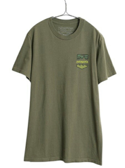 USA製 パタゴニア 両面 プリント 半袖 Tシャツ メンズ М アウトドア オーガニック コットン ポケT グラフィック アート バックプリント 緑