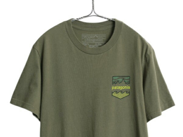 USA製 パタゴニア 両面 プリント 半袖 Tシャツ メンズ М アウトドア オーガニック コットン ポケT グラフィック アート バックプリント 緑