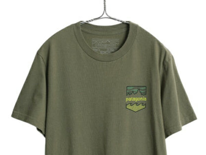 USA製 パタゴニア 両面 プリント 半袖 Tシャツ メンズ М アウトドア オーガニック コットン ポケT グラフィック アート バックプリント 緑