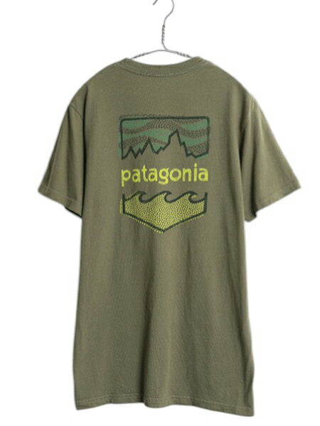 USA製 パタゴニア 両面 プリント 半袖 Tシャツ メンズ М アウトドア オーガニック コットン ポケT グラフィック アート バックプリント 緑