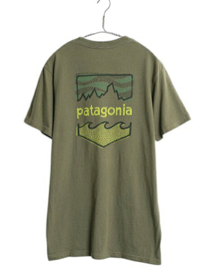 USA製 パタゴニア 両面 プリント 半袖 Tシャツ メンズ М アウトドア オーガニック コットン ポケT グラフィック アート バックプリント 緑