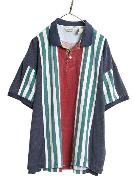 90s エディーバウアー ストライプ 鹿の子 半袖 ポロシャツ メンズ XL オールド 半袖シャツ コットン カットソー マルチカラー 大きいサイズ