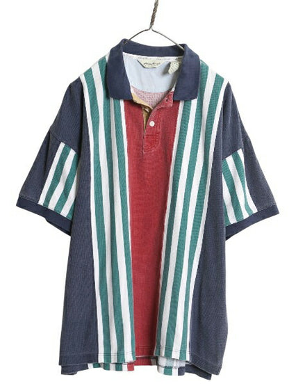 90s エディーバウアー ストライプ 鹿の子 半袖 ポロシャツ メンズ XL オールド 半袖シャツ コットン カットソー マルチカラー 大きいサイズ