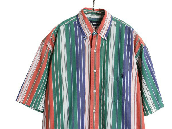 90s ラルフローレン ゴルフ ストライプ 半袖 ボタンダウン シャツ メンズ S / オールド 半袖シャツ コットン ポケット付き マルチカラー BD