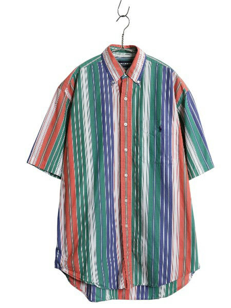 90s ラルフローレン ゴルフ ストライプ 半袖 ボタンダウン シャツ メンズ S / オールド 半袖シャツ コットン ポケット付き マルチカラー BD