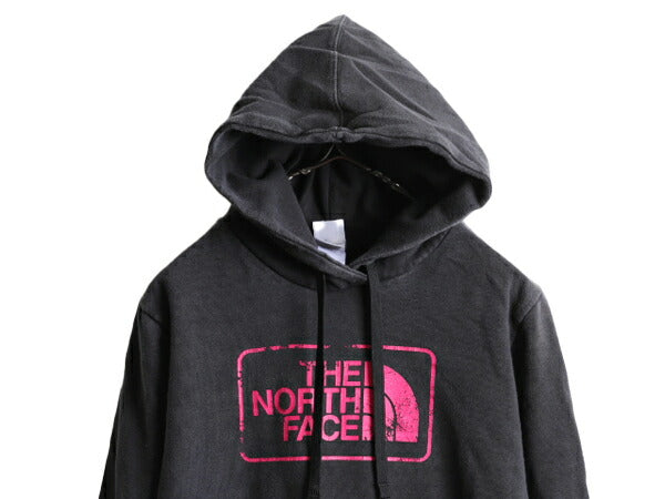 ■ ノースフェイス プリント スウェット フード パーカー レディース L The North Face トレーナー プルオーバー 裏起毛 黒 ビンテージ加工