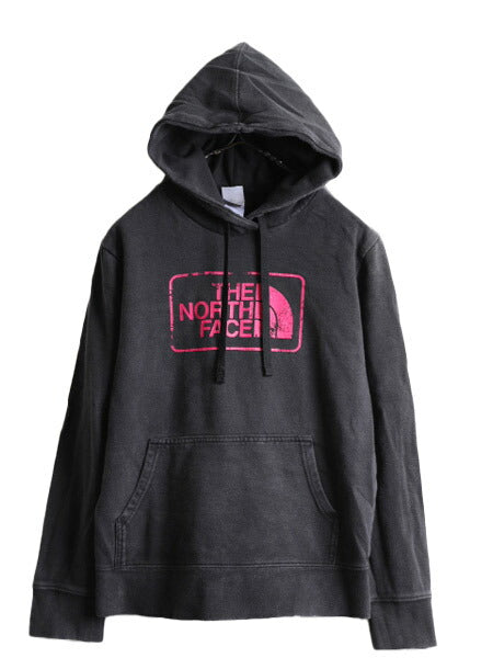 ■ ノースフェイス プリント スウェット フード パーカー レディース L The North Face トレーナー プルオーバー 裏起毛 黒 ビンテージ加工