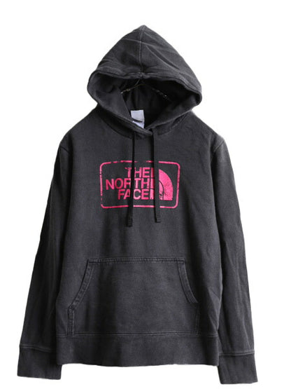 ■ ノースフェイス プリント スウェット フード パーカー レディース L The North Face トレーナー プルオーバー 裏起毛 黒 ビンテージ加工