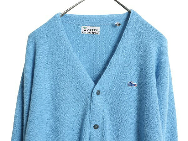 70s USA製 ラコステ アクリル ニット カーディガン メンズ レディース M ヴィンテージ 羽織り 前開き セーター ワンポイント ライトブルー