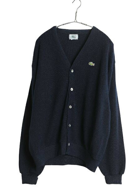 80s USA製 ラコステ アクリル ニット カーディガン メンズ レディース L 古着 ヴィンテージ 羽織り 前開き セーター ワンポイント ネイビー