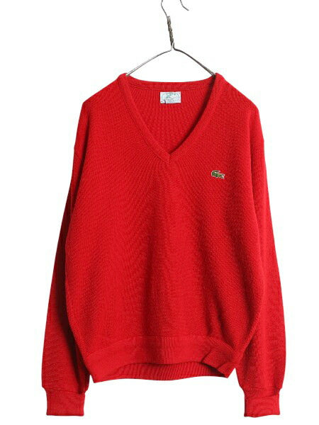 80s USA製 ラコステ Vネック アクリル ニット セーター メンズ レディース M 古着 ヴィンテージ ワンポイント シンプル 薄手 カジュアル 赤
