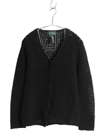 00s ローレン ラルフローレン 長袖 ニット カーディガン レディース L ポロ オールド コットン 手編み 透かし編み 羽織り ハンドメイド 黒