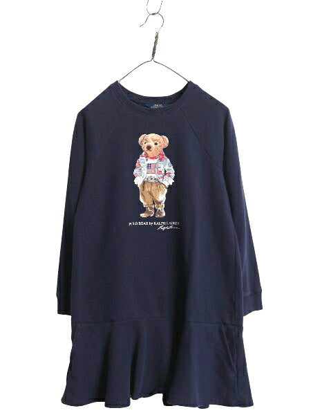 ポロベア ポロ ラルフローレン プリント スウェット ワンピース キッズ XL レディース S 古着 コットン 裏起毛 チュニック プルオーバー 紺