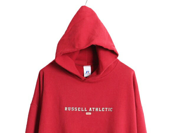 00s ラッセル プリント スウェット フード パーカー メンズ レディース XL オールド プルオーバー トレーナー RUSSELL 大きいサイズ レッド