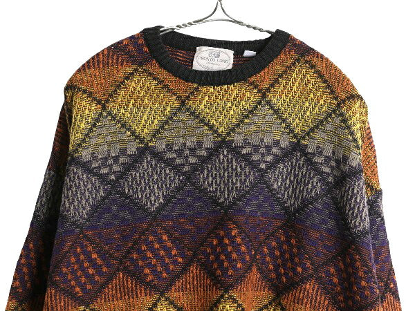90s イタリア製 PRONTO UOMO 総柄 立体編み デザイン ニット セーター メンズ L 古着 オールド コットン アクリル 長袖ニット マルチカラー