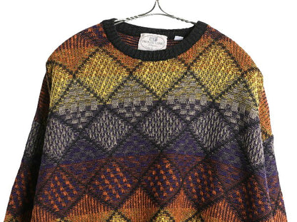 90s イタリア製 PRONTO UOMO 総柄 立体編み デザイン ニット セーター メンズ L 古着 オールド コットン アクリル 長袖ニット マルチカラー