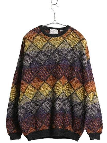90s イタリア製 PRONTO UOMO 総柄 立体編み デザイン ニット セーター メンズ L 古着 オールド コットン アクリル 長袖ニット マルチカラー