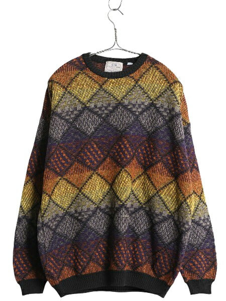 90s イタリア製 PRONTO UOMO 総柄 立体編み デザイン ニット セーター メンズ L 古着 オールド コットン アクリル 長袖ニット マルチカラー