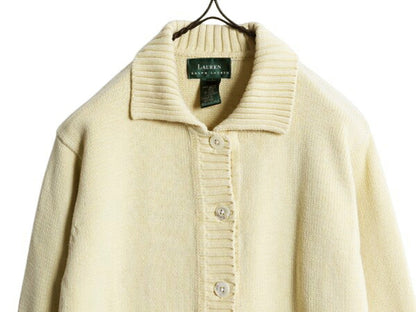 90s LAUREN ラルフローレン コットン ニット カーディガン レディース M / 90年代 オールド セーター ポケット付き 襟付き 前開き 羽織り